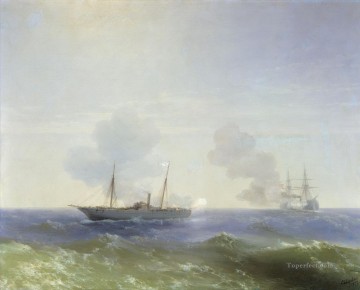 風景 Painting - イワン・アイヴァゾフスキー 蒸気船ベスタとトルコの装甲艦「海景」の戦い